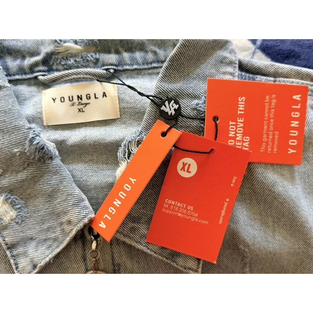 Youngla Distressed Swaggy Zipper Jean Jacket Light Blue YP5042 Mens XL